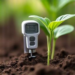 Close-up of a smart soil moisture sensor in organic garden soil