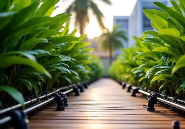 Modern automated drip irrigation system in a lush Singaporean terrace garden